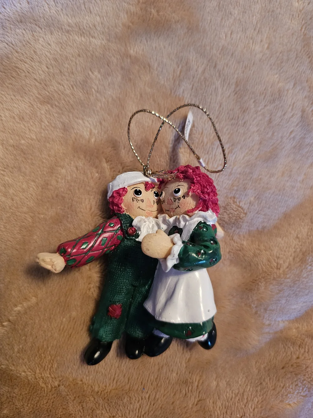 Festive Green & White Couple Holiday Ornament with Pink Hair